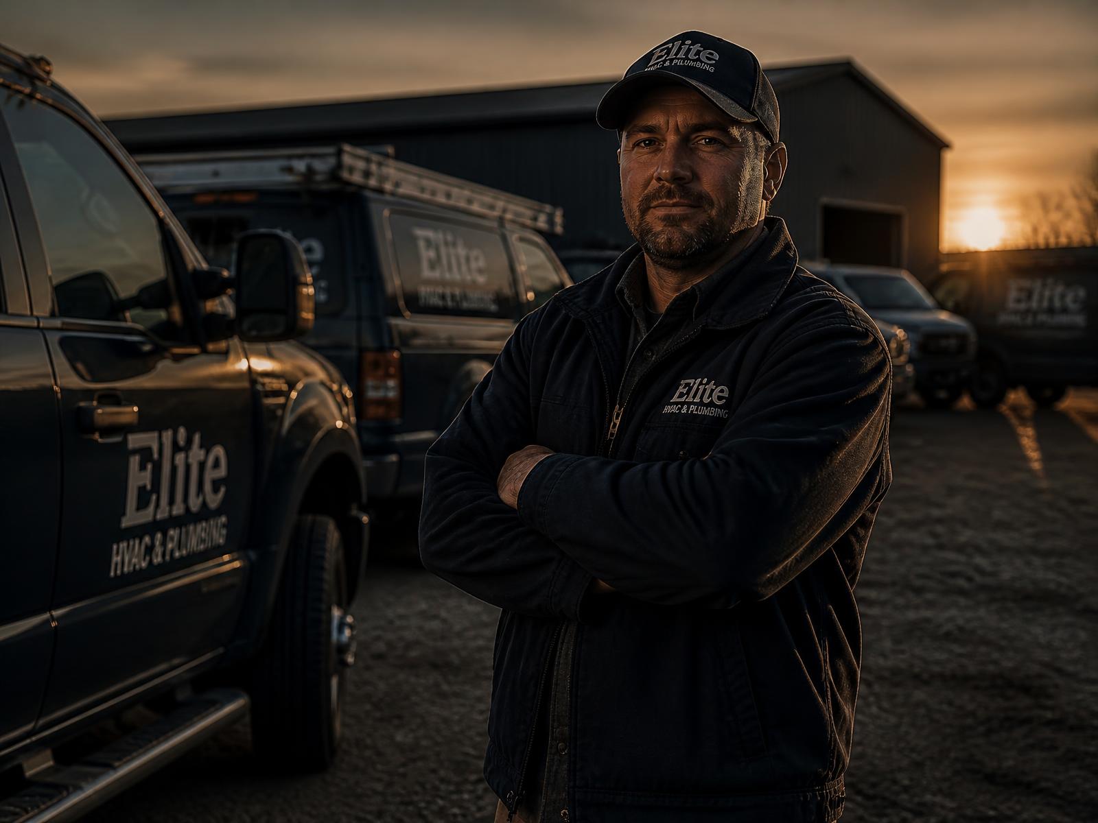 Blue collar business owner standing in front of his service fleet